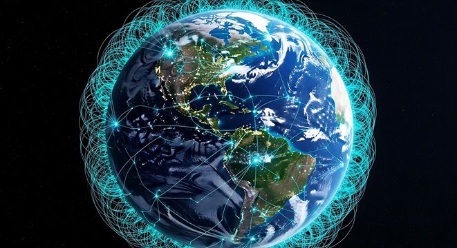 Digital Earth with Glowing Network Connections Representing Global Communication and Technology. - Powered by Adobe