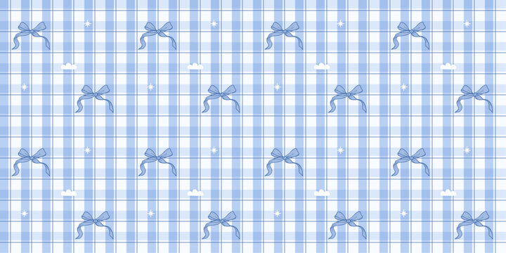 Blue gingham seamless pattern with hand drawn bows. Cute print for wrapping paper, fabric and textile. Checkered background. Repeat wallpaper. Vector aesthetic illustration