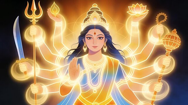 Divine Goddess Durga Maa with Multiple Arms and Glowing Aura, Hindu Deity Illustration.