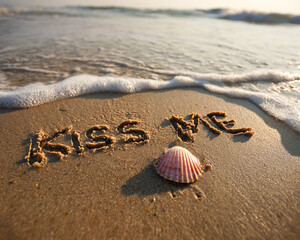 Kiss Me Written in Wet Beach Sand in Clean Cursive with Pink Seashell, Golden Hour Sun and Gentle Foam Lines &ndash; perfect for valentine promotions