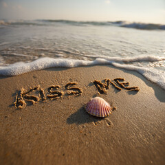 Kiss Me Written in Wet Beach Sand in Clean Cursive with Pink Seashell, Golden Hour Sun and Minimal Shoreline Copy Space &ndash; ideal for posters