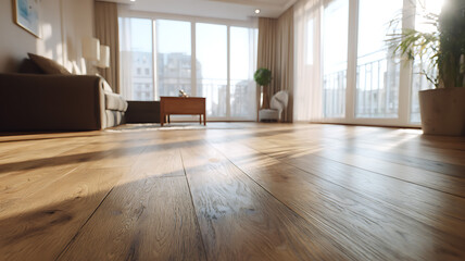 Modern flooring in an apartment, sleek wooden laminate with natural grain texture illuminated by soft sunlight from large windows, minimal interior.