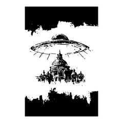 Fototapeta premium Sci-fi ink sketch of a UFO flying saucer hovering over an ancient cathedral dome