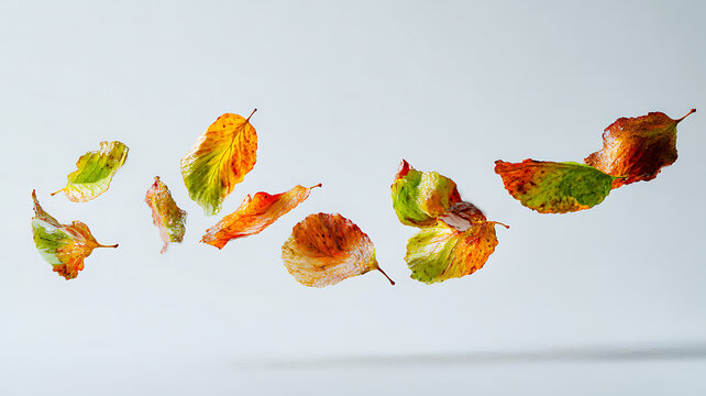 Autumn leaves in the air, a close-up of colorful leaves in flight, captured in minute detail, a pure white background for a minimalist conceptual look.