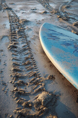 A close-up of wet sand with a windsurfing board resting on it, leaving distinct tracks, suggesting a recent ride and active leisure.