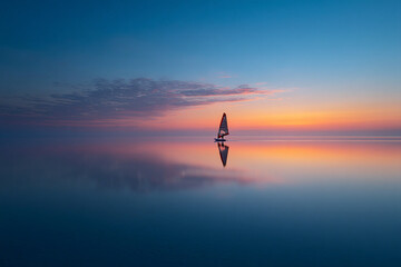 The tranquil reflection of a windsurfer on perfectly still water at sunrise, creating a mirror-like image of peace and beauty.