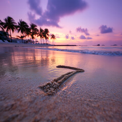 Number 7 Written in Wet Beach Sand at Dusk with Pastel Sky Gradient and Copy Space &ndash; great for social media