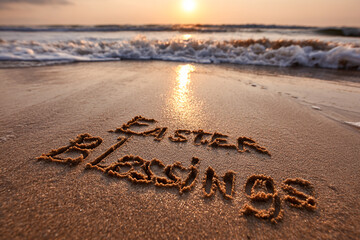 Easter Blessings Handwritten in Glossy Wet Sand with Clean Ocean Waves and Warm Golden Hour Glow &ndash; ideal for seasonal promotions