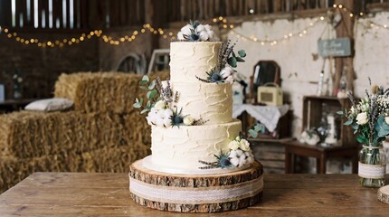 Rustic style wedding cake with cotton and floral decoration.