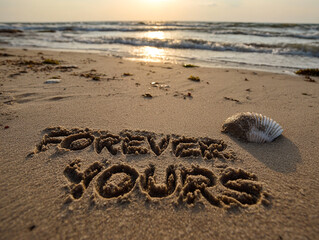 Forever Yours Pressed into Wet Beach Sand with Clean Spacing, Sunset Sun Disc and Gentle Wave Arcs &ndash; ideal for romantic invitations