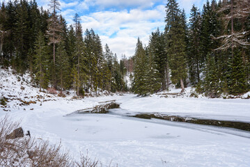 Icy river through a snowy forest in the mountains on a winter day. A deserted wooded footbrige across the river is visible in distance.