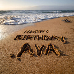 Happy Birthday Ava Written in Wet Sand with Macro Grain Detail and Golden Hour Ocean Foam &ndash; perfect for birthday greetings