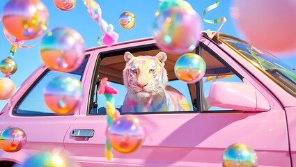 White tiger sitting in a pink car surrounded by colorful bubbles and ribbons on a sunny day with blue sky