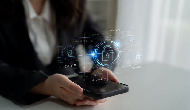 Cybersecurity system interface with biometric lock and data protection. Cybersecurity protects access, identity, cyber security prevents threats, and cyber security supports digital systems. Latch - Powered by Adobe