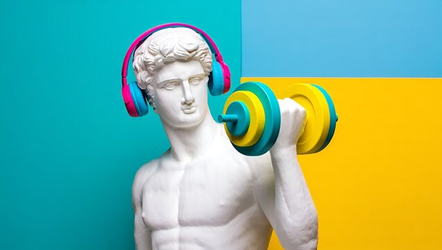 White marble statue of David wearing colorful headphones and lifting dumbbell on yellow and blue background  fitness and technology concept