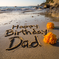 Happy Birthday Dad Written in Clean Cursive in Wet Sand with Orange Marigold and Honey Gold Reflections &ndash; perfect for birthday greetings