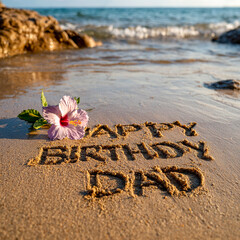 Happy Birthday Dad Written in Wet Sand with Clear Waves, Sun Disc on Horizon, and Pink Hibiscus Accent &ndash; perfect for birthday greetings