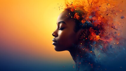 Woman with colorful smoke coming out of her head in profile to the left with eyes closed  creative concept