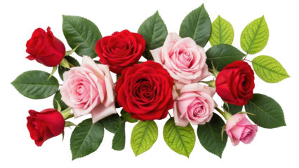 A composition of red and pink roses with green stems and leaves isolated on a transparent background. Flowers for Valentine's Day, Mother's Day, Women's Day, or an anniversary.