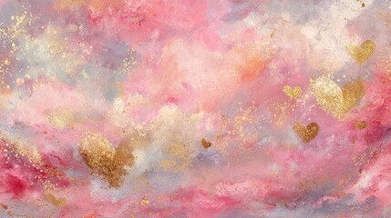 Beautiful abstract painting in soft pinks, purples and gold hues featuring heart shapes and a dreamy texture perfect for romantic or wedding themes