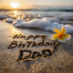 Happy Birthday Dad Handwritten in Wet Sand, Low Angle Close-Up with Yellow Plumeria and Ocean Foam &ndash; perfect for birthday greetings