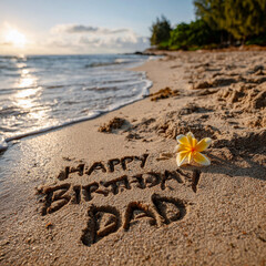 Happy Birthday Dad Written in Wet Sand with Yellow Plumeria and Glowing Golden Shoreline &ndash; perfect for birthday greetings