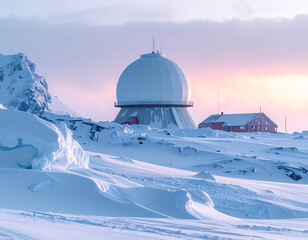 Polar research station with radar dome at sunset