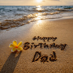 Happy Birthday Dad Written in Wet Shoreline Sand with Yellow Plumeria and Gentle Foam Lines &ndash; ideal for birthday greetings
