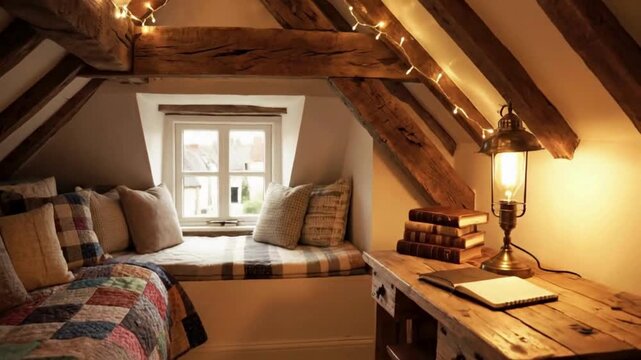 Cozy Attic Bedroom with Wooden Desk and Window Seat