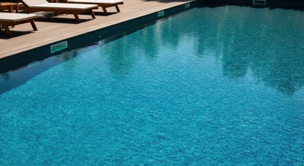 Swimming pool with wooden deck and lounge chairs by clear turquoise water