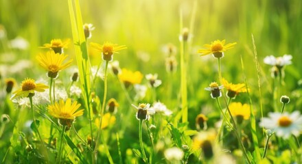 Obraz premium Yellow wildflowers in a sunlit meadow with soft green bokeh background