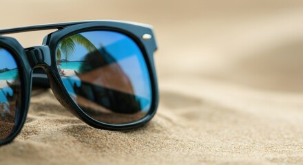 Sunglasses on sandy beach with blue reflective lenses showing tropical scene