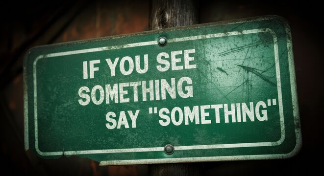 Green public safety sign urging vigilance with bold white text on weathered metal