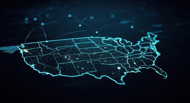 Map of United States outlined in glowing network lines with city data points