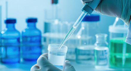 Lab technician uses a pipette to dispense liquid into a vial on a glass bench