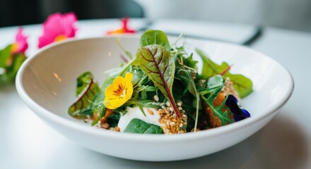 Green salad with edible flowers in a pristine white bowl, bright and fresh