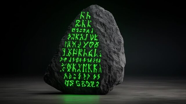 Ancient rune stone with glowing symbols on a dark background