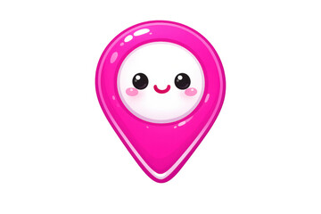 Pink location pin icon with cute happy face symbolizing navigation, destination, gps mapping, and travel marker