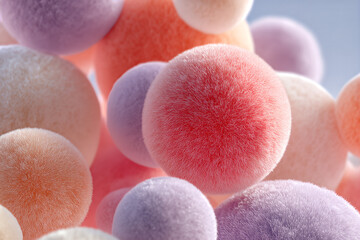 Soft pastel fluffy spheres: vibrant 3D abstract composition of fuzzy textured orbs and velvety balls for creative backgrounds