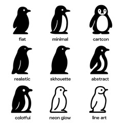 Obraz premium Diverse penguin icon set in various artistic styles on gray background