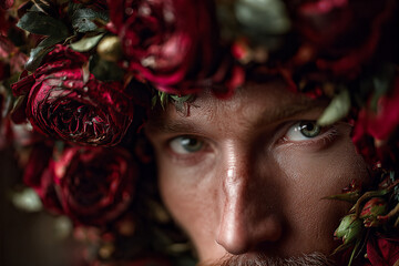 Ethereal close-up portrait of a bearded man wearing a red rose crown with glittering skin &mdash; romantic, moody beauty and floral fashion photography