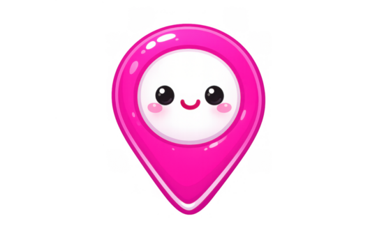 Pink location pin icon with cute happy face symbolizing navigation, destination, gps mapping, and travel marker - Powered by Adobe