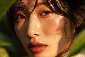 Golden Hour Close-Up Portrait of Young Woman with Dewy Skin and Soft Sunlight Among Green Leaves, Intimate Natural Beauty Shot