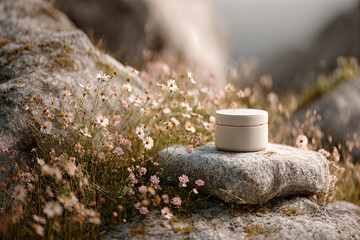 Minimalist natural skincare cream jar on a sunlit rock surrounded by delicate wildflowers &mdash; organic beauty product still life in warm nature light