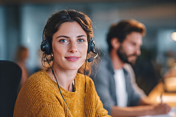 Two-person coworking scene: a female consultant with headset in the foreground consulting a colleague across the table, warm evenly lit office, candid