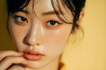 Young Korean model, extreme close-up beauty editorial, translucent glass-skin effect with glossy dewy highlights and believable 