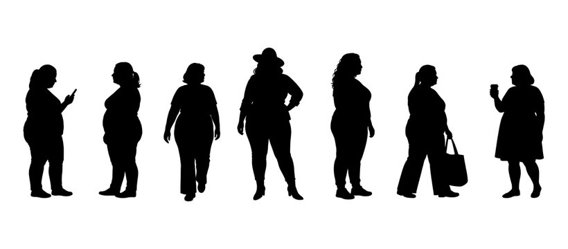 vector illustration. Silhouettes of overweight people. Big set of married couples.	