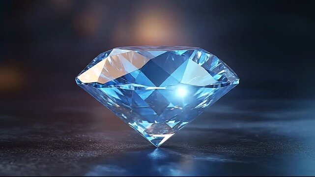 Stunning blue diamond sparkling on a dark background with reflections