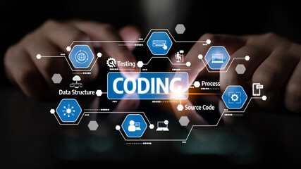 Dynamic visual of hands typing on a keyboard with coding elements and data structure graphics, representing modern software development and digital innovation. Tessel