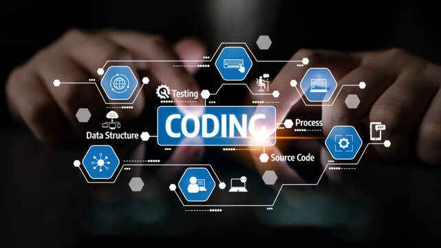 Dynamic visual of hands typing on a keyboard with coding elements and data structure graphics, representing modern software development and digital innovation. Tessel - Powered by Adobe
